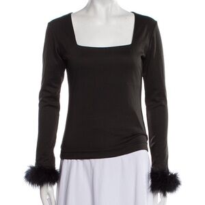 Sleeper Black Feather Cuffs Trim Long Sleeve with Square Neckline Top SZ S